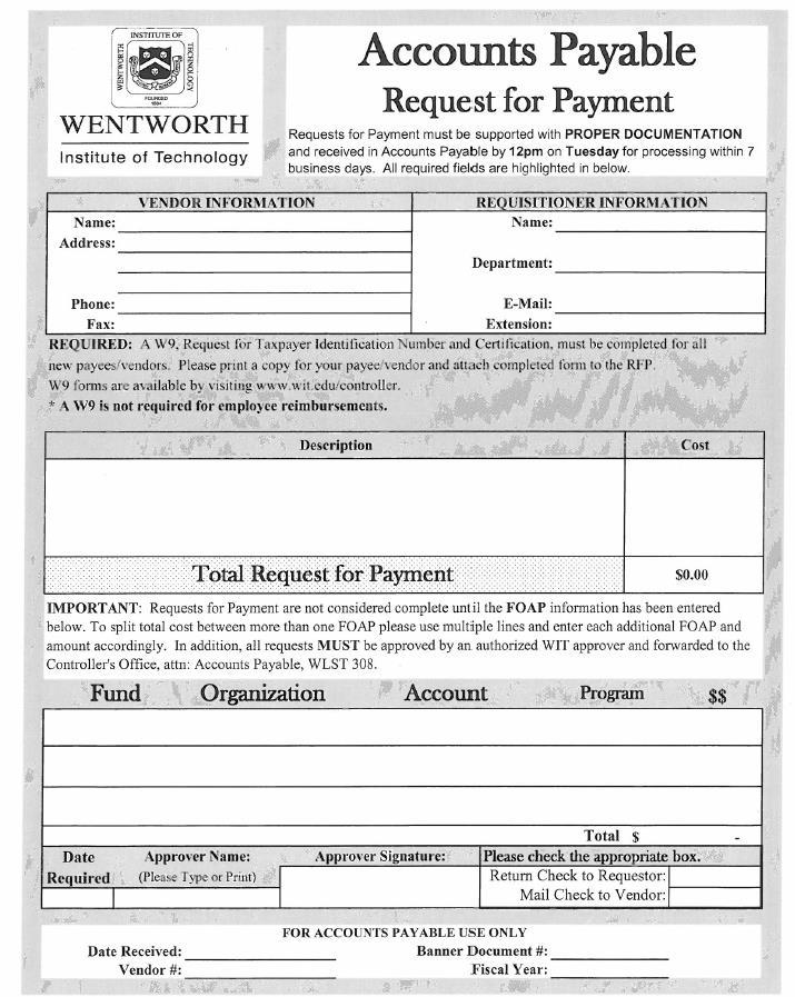 Payables at WIT Wentworth Direct Pay Request for Payment form