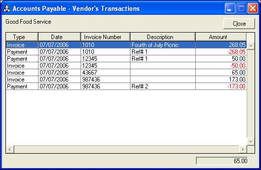 history. You will see the Vendor s Transactions dialog box.