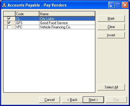 2 Selecting Invoices for Payment If you selected to pay by vendor, select or clear the box next to the vendor(s) you want to include and click Next.