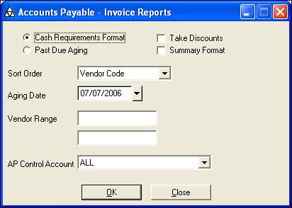 4 Invoice Reports Lesson 1: Invoice Reports To run an invoice report, you must first set up the column days for cash requirements and past due aging on the General tab of the Options dialog box.