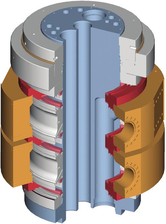 between the intermediate ring and the outlet ring The outlet rings and parts of the bearing follow the rotation of the vessel.