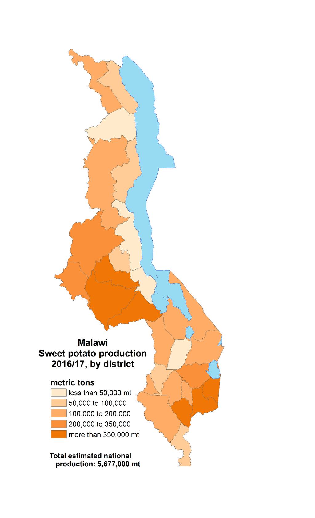 Figure 3: Estimated Sweet Potato Production in Malawi by District, 216/17