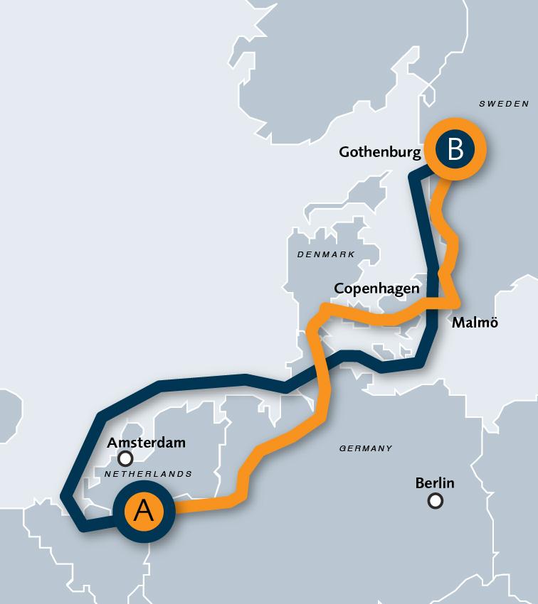 FREIGHT TRANSPORT FROM THE NETHERLANDS TO SWEDEN (BORÅS) Blue line shows the shipping route