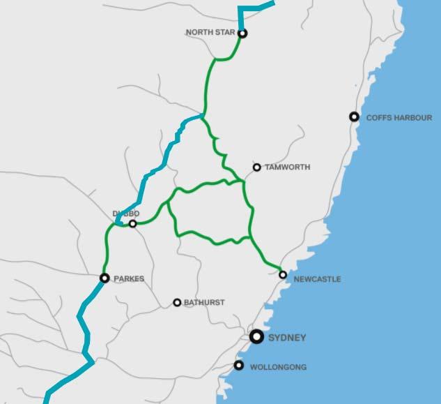 INLAND RAIL COMPETITIVE ADVANTAGE FOR NSW Newcastle will be the first port connected to the Inland Rail, via the Hunter Valley Network.