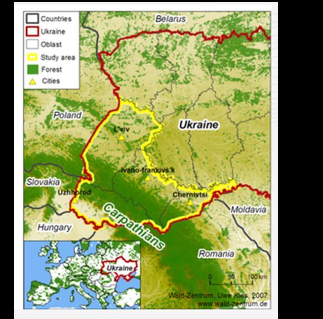 The Ukrainian Carpathians: a study area located in the south-west part of Ukraine; area of 56 500 km² (9.4% of the Ukraine s territory); population is about 6.