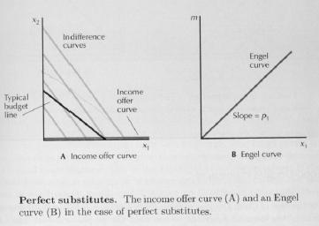 Two goods are perfect complements: Consumer consumes the same amount of each good, the income curve is the diagonal line through the origin.