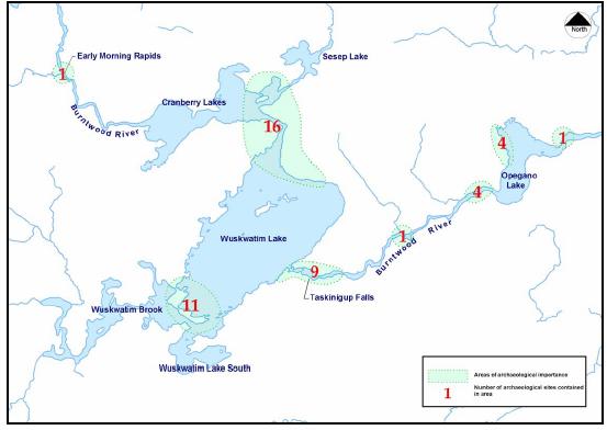 Figure 11: Archaeological sites reported between Early Morning Rapids and Jackpine Falls on the Burntwood River including Wuskwatim and Opegano lakes. (Manitoba Hydro and NCN, 2003; Vol. 1, p.