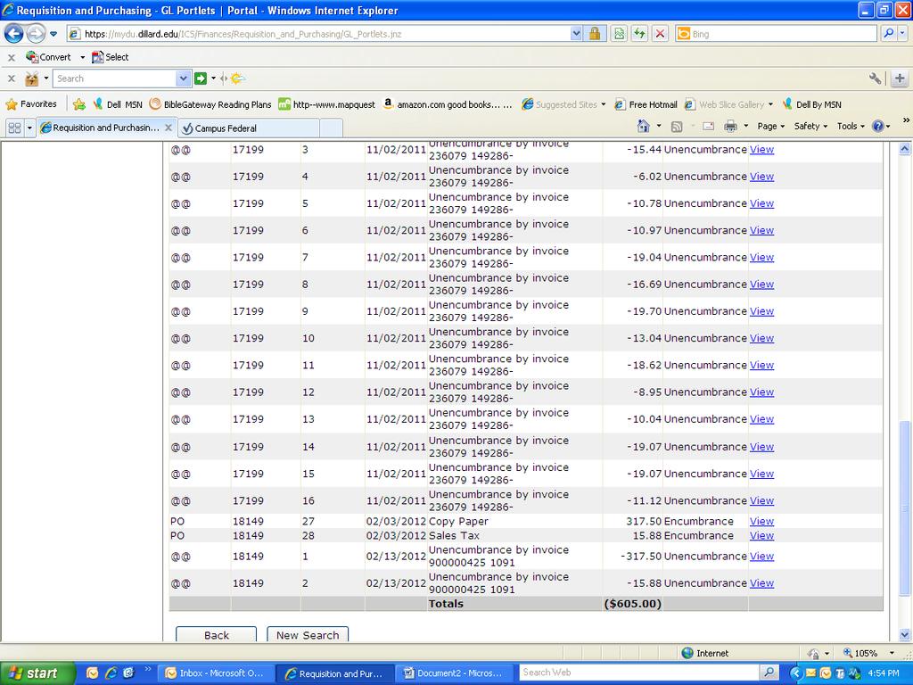 MyDU Requisition Training pg. 14 This screen shows all encumbrance and unencumbrances for this account.