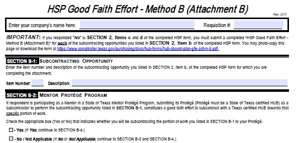 HSP Completion: Method B By Solicitation/Notification HSP Good Faith Effort Method B (Attachment B) Page 1 Section B-1: Complete the information requested.