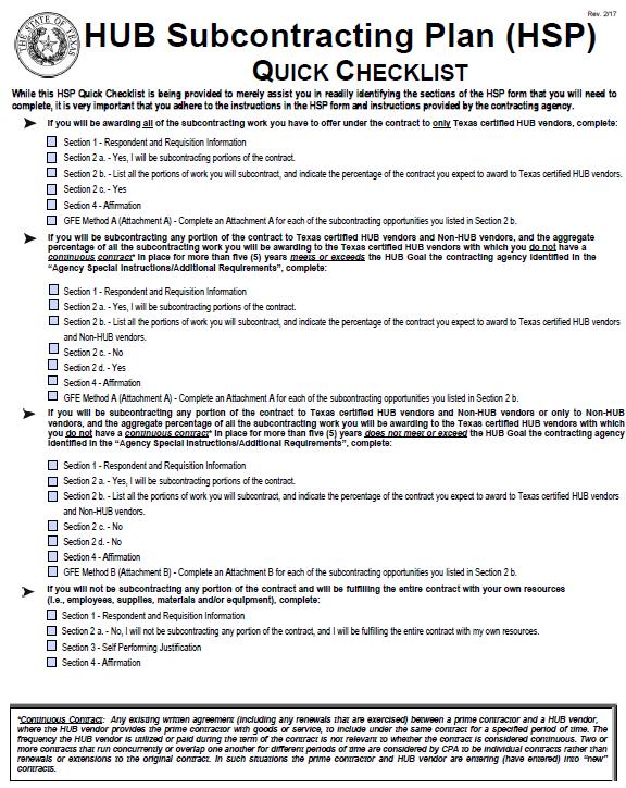 HUB Subcontracting Plan (HSP) Quick Checklist HSP Quick Checklist This document was
