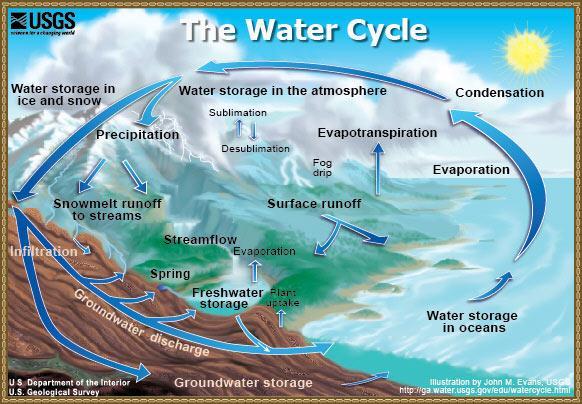 The Water Cycle The continuous movement of water between the oceans, the atmosphere, and land sometimes