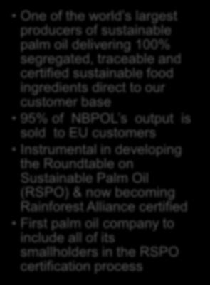 traceable and certified sustainable food ingredients direct to our customer base 95% of NBPOL s output is sold