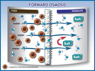 Forward Osmosis (FO) Membrane separation process driven by osmotic pressure Water is drawn from feed