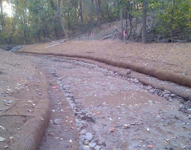 This was accomplished through the use of various bio-reinforcement applications. In stream construction was initiated in the fall of 2012.
