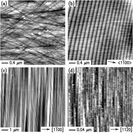 Figure 1. AFM images of 6H-SiC(0001) surfaces: (a) on-axis, as-received; (b) on-axis, H- etched; (c) off-axis, 3.