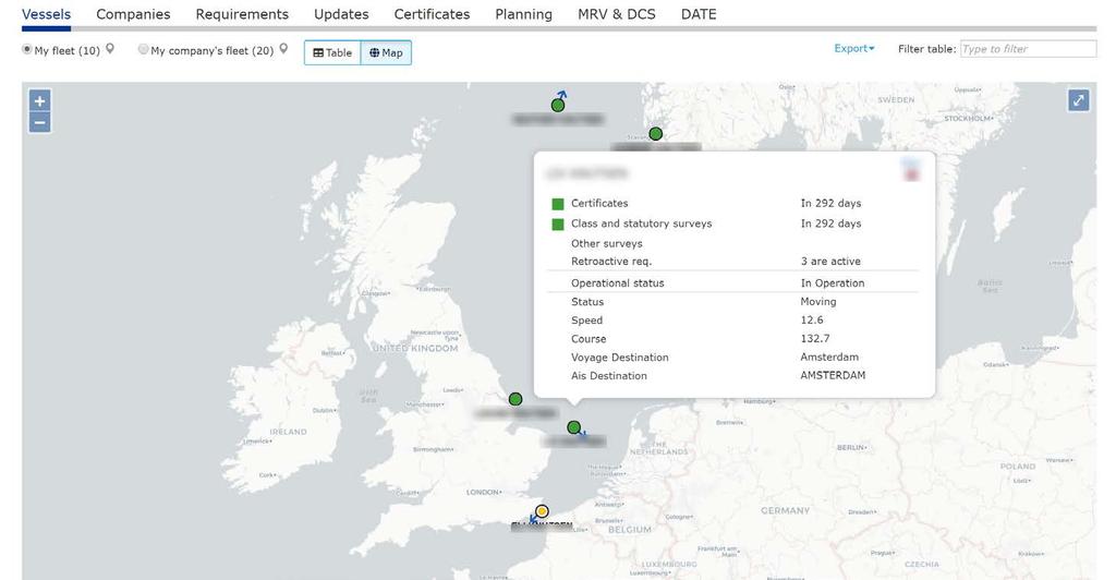 The fleet overview provides a map view in addition to the