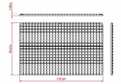 Technical Data Standard Inlay-Plate Mesh size Dimensions Wire Ø Inlay-Plate Load (kg) - even RK-System EB (mm) (external) (mm) weigth (kg) distribution over surface LxWxH RK-380 / 6-200 EB 380 / 6 6