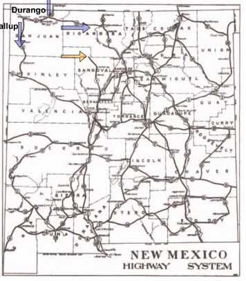 Durango NM Highway Map - 1915 Gallup Tierra Amarilla End Highways to Durango, Tierra Amarilla, and