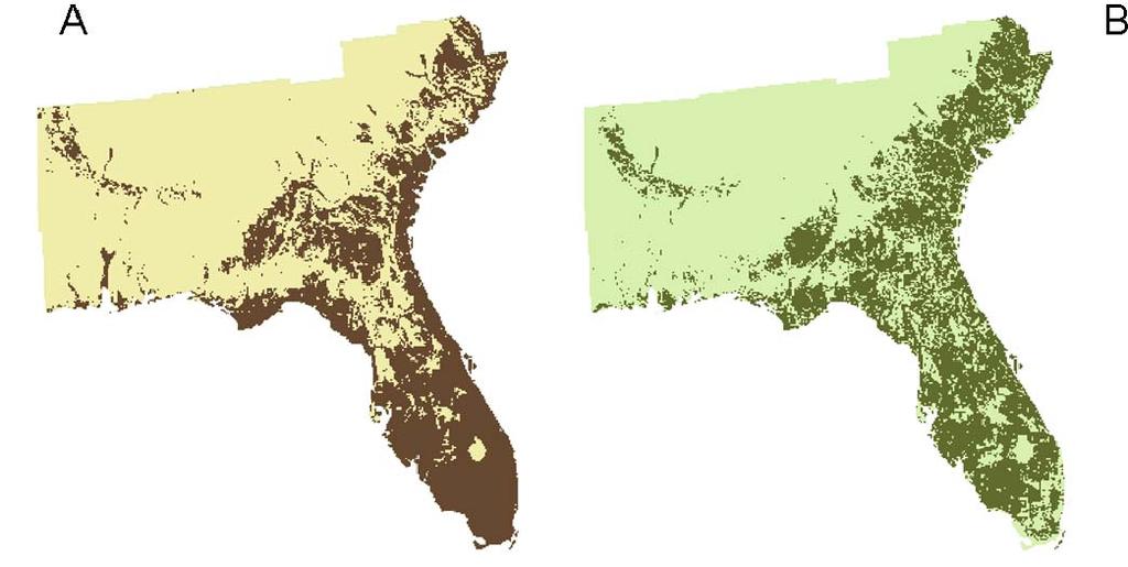 Figure 5-12. Habitat suitability maps based on the A) the LR model and B) the MD model.