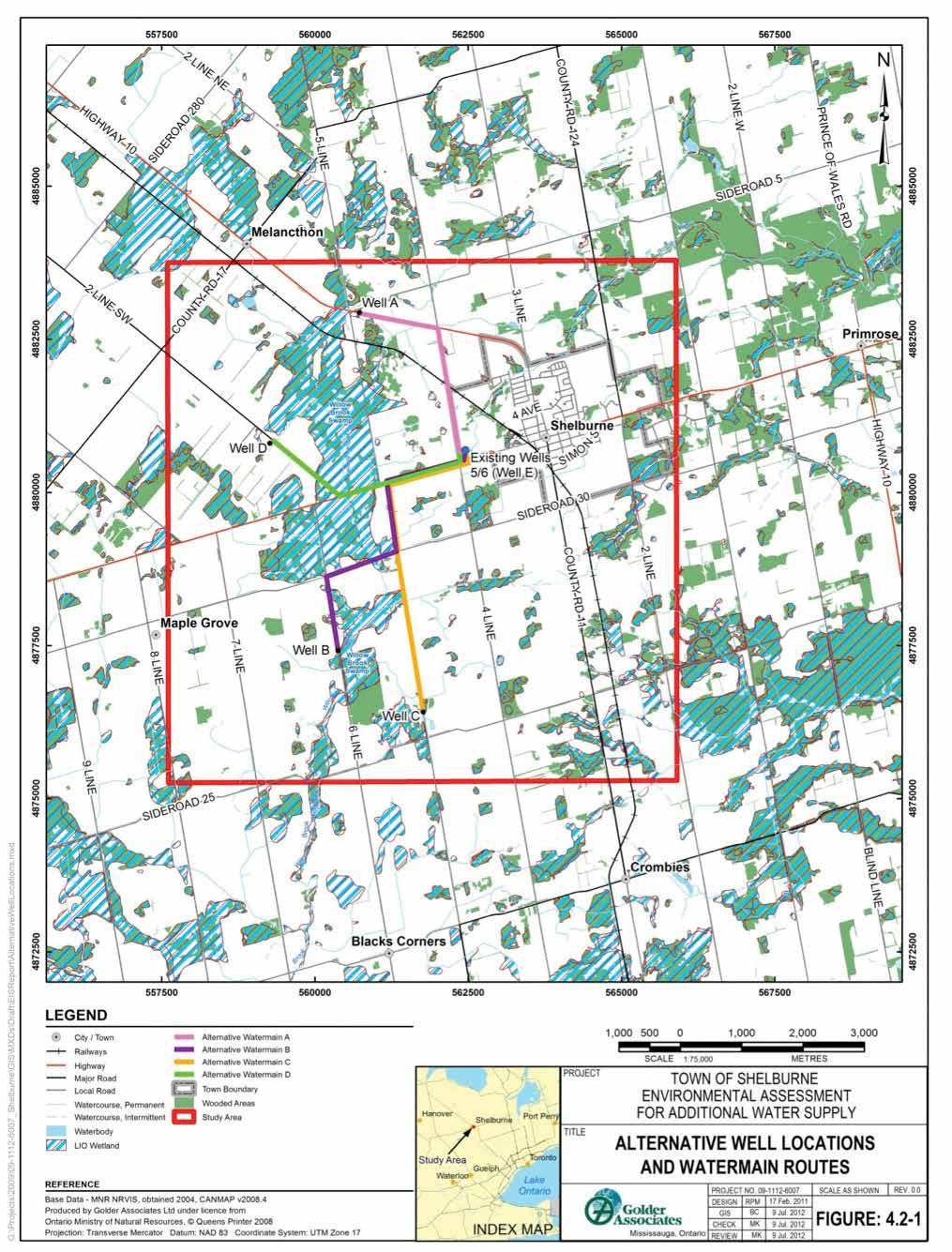 Figure 4-1: Alternative Well Locations and Water Main Routes Source: Golder and Associates.