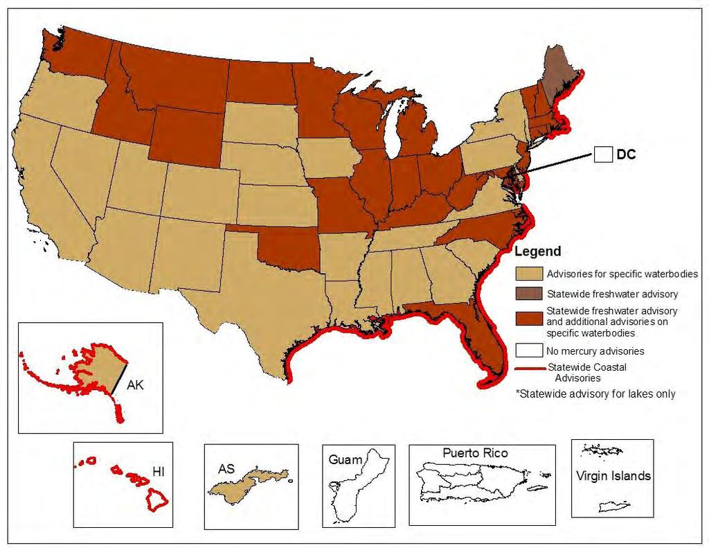 Fish Consumption Advisories for Mercury - 2010 *Lakes *Lake s NOTE: This map depicts the presence and type of fish advisories issued by the states for mercury as of December 2010.