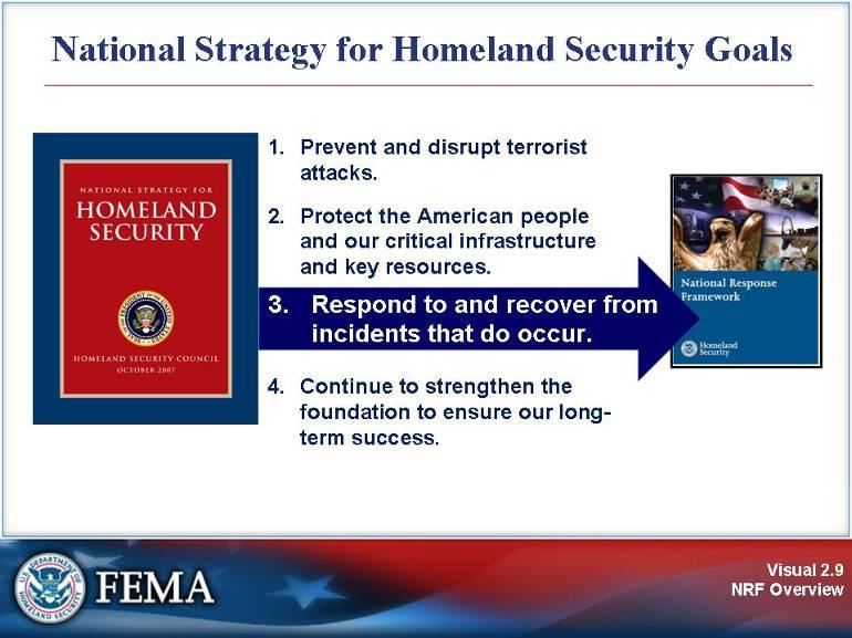 National Strategy Visual 2.9 Visual Description: National Strategy for Homeland Security Goals The National Response Framework is a component of the larger National Strategy for Homeland Security.