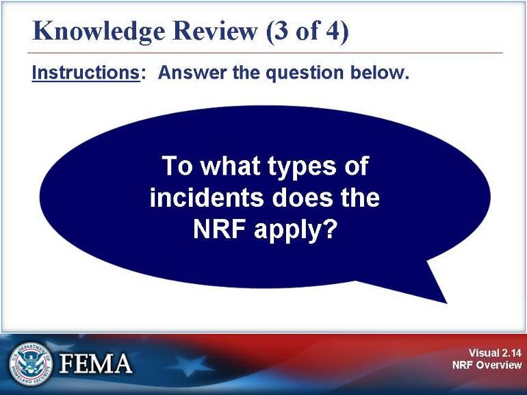 Knowledge Review Visual 2.14 Visual Description: To what types of incidents does the NRF apply?