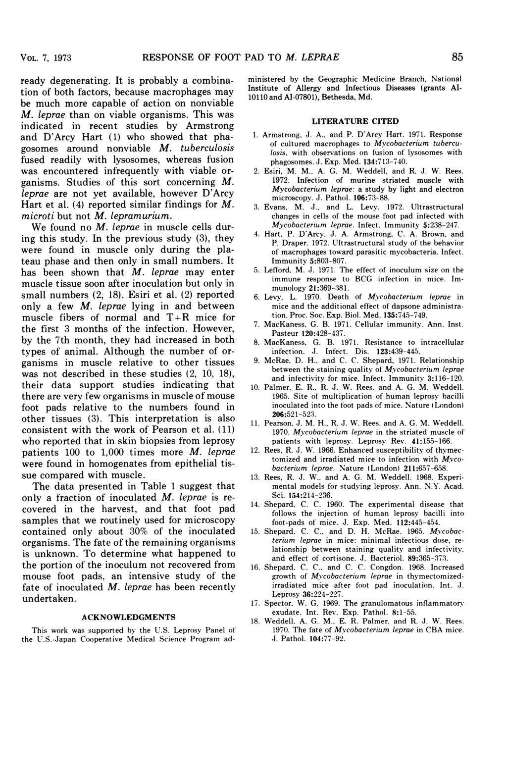 VOL. 7, 1973 RESPONSE OF FOOT PAD TO M. LEPRAE ready degenerating. It is probably a combination of both factors, because macrophages may be much more capable of action on nonviable M.