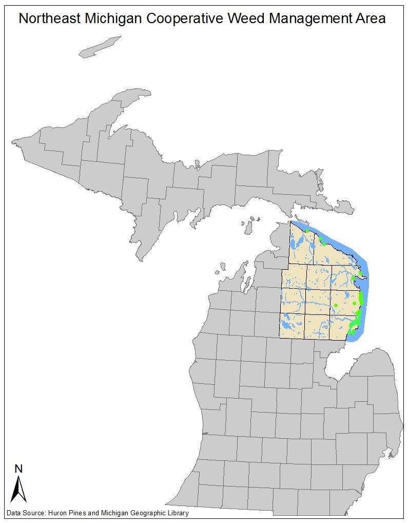 Geographic Scope and Species Priorities As of 2012, the Northeast Michigan Cooperative Weed Management Area covers all 11 counties of the northeastern Lower Peninsula of Michigan, including Alcona,