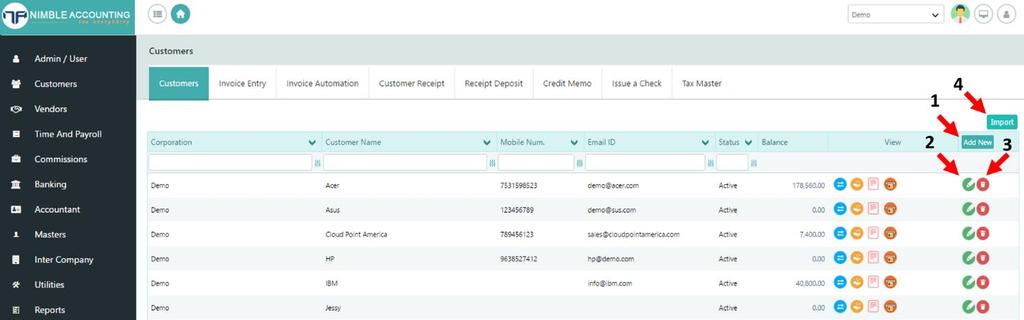 Customer Creation To create a new customer, navigate to Customers main screen (Home Customers) and Select Customer tab. Receivables Main Screen Then you will be redirected Customer main screen.