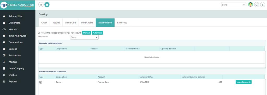 Click on Next, You will be navigated to Reconciliation Match transactions, where you can match all bank transactions with Nimble Transaction in a grid.