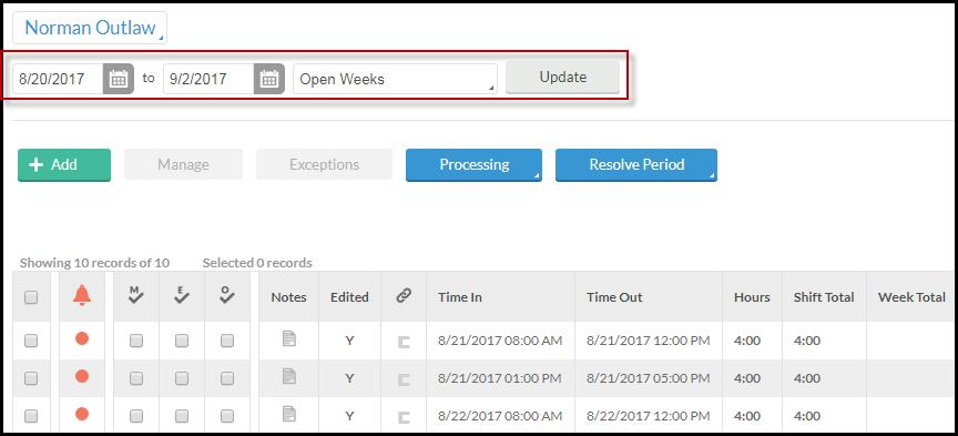Viewing Employee Hours Individual Hours By default, hours are displayed for weeks in an open status.
