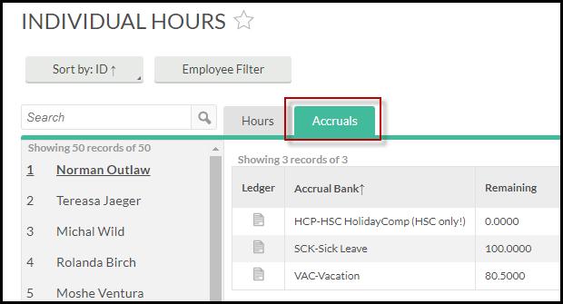Viewing Employee Hours - Accruals Available accrual balances for Sick, Vacation, Comp Time