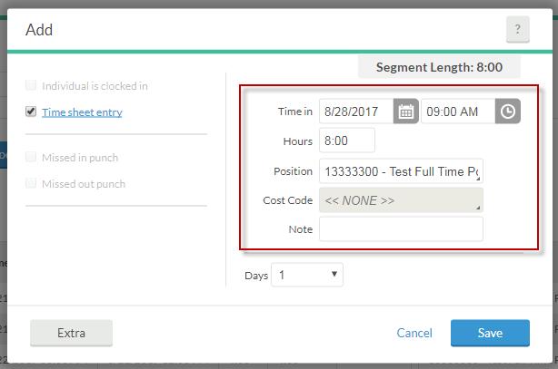 Adding Employee Hours Time sheet entry can be used to add the total number of hours for an employee s segment and does not require a time out to be