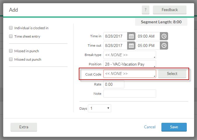 Adding Employee Hours When adding time segments, you will need to select a cost