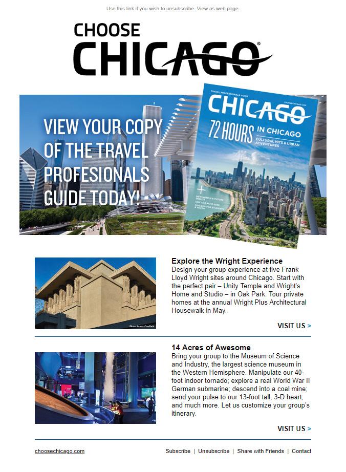 programs (e.g.: Choose Chicago email on the left) including meeting planner website solutions and guides.