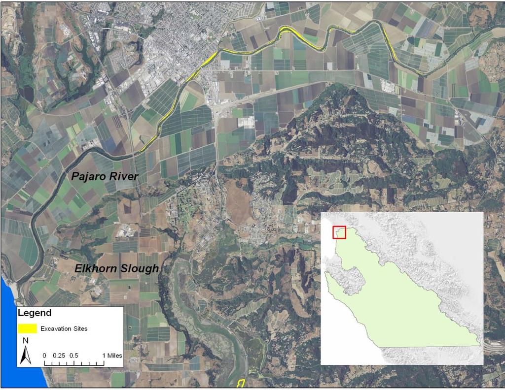 PROJECT SITE MAP 3: Pajaro River Sediment Sources The map shows areas of the Pajaro River that are part of the Pajaro River Bench Excavation Project, an effort of the Santa Cruz County Department of