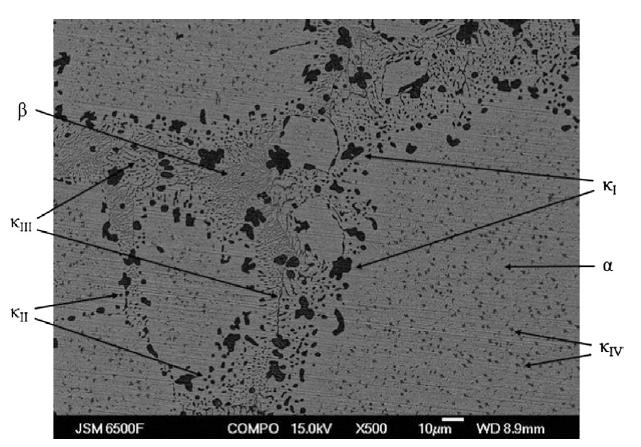 β Figure 39 Micrographic phase structure of nickel aluminium bronze - Magnification x500 Table 6 Energy Dispersive X-Ray Spectroscopy Analysis of the Phases Present in Cast Nickel Aluminium Bronze