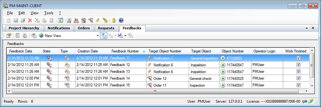 4 Operator control 4.6 Feedbacks view All feedbacks that have been reported for maintenance orders and notifications are listed in the feedbacks view.