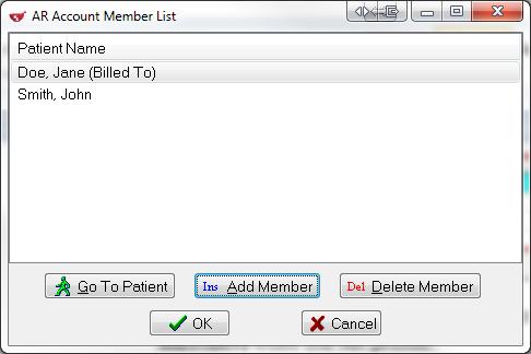 2. The AR Account Member List form will appear, displaying all patients linked to the account. 3.