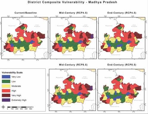 Projected Vulnerability Analysis Projected future vulnerability profiles for districts of Madhya Pradesh towards midcentury (2021-2050) and end-century (2071-2100) are developed for projected