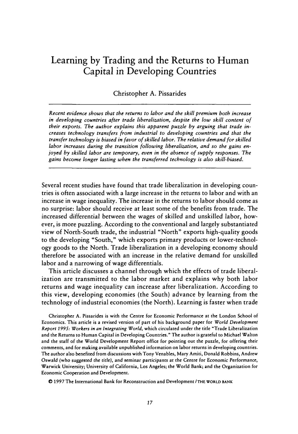 Public Disclosure Authorized Learning by Trading and the Returns to Human Capital in Developing Countries Christopher A.
