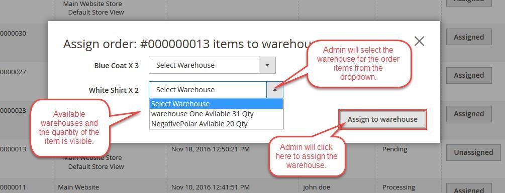 After clicking the Unassigned button, a popup window will appear where the admin can easily assign the warehouses to the products.