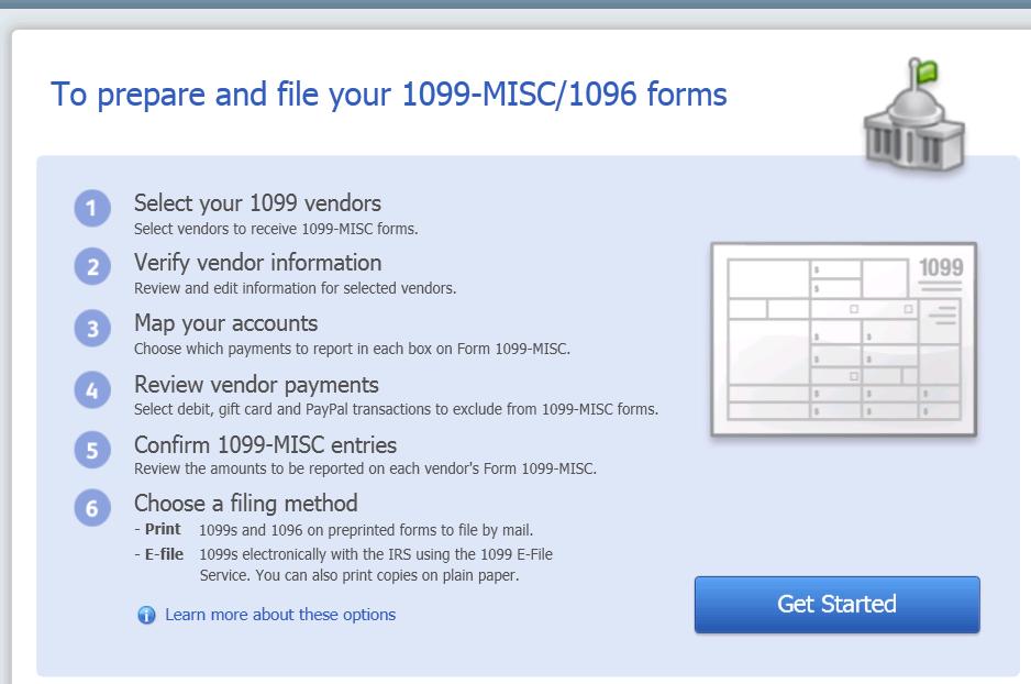 1.) Select your 1099 vendors select the vendors that need to receive a 1099 MISC form, this also changes the vendors 1099 status in your company file. 2.