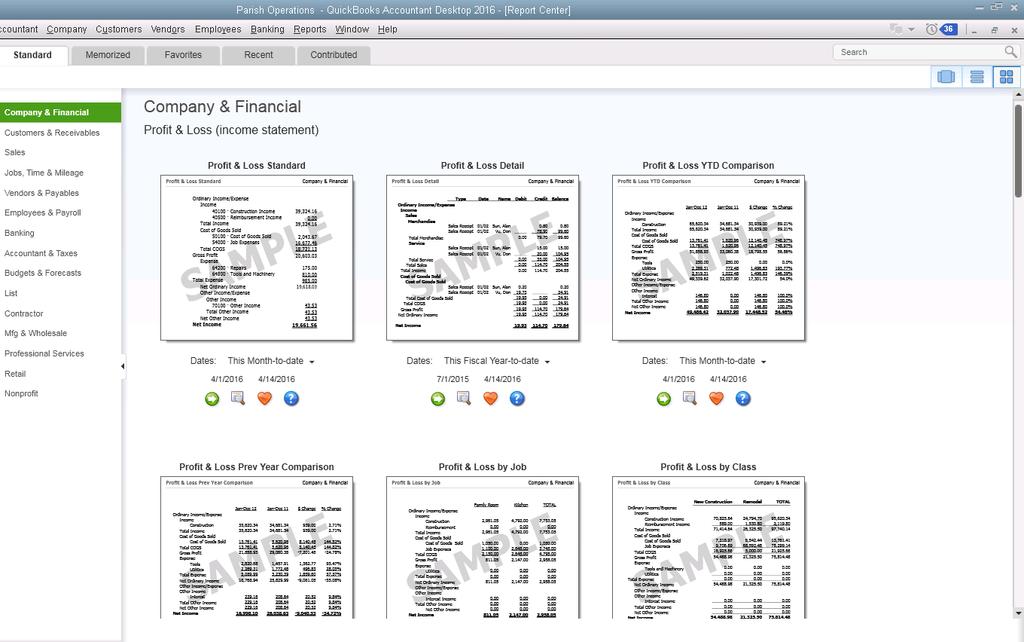 QuickBooks preset reports QuickBooks offers dozens of preset report formats. The Reports menu categorizes the preset reports into 10 major categories.