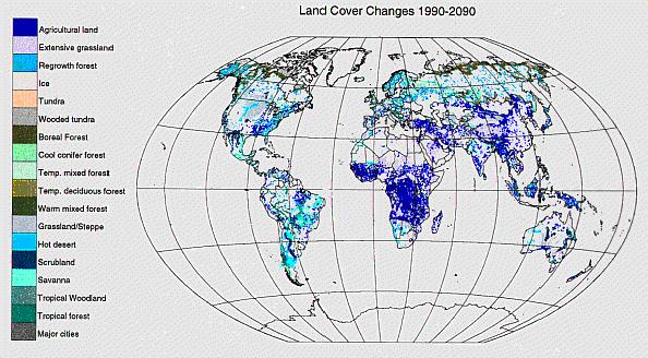 Projection of global land cover change from 1990 to 2090 by the IMAGE 2.1 model.