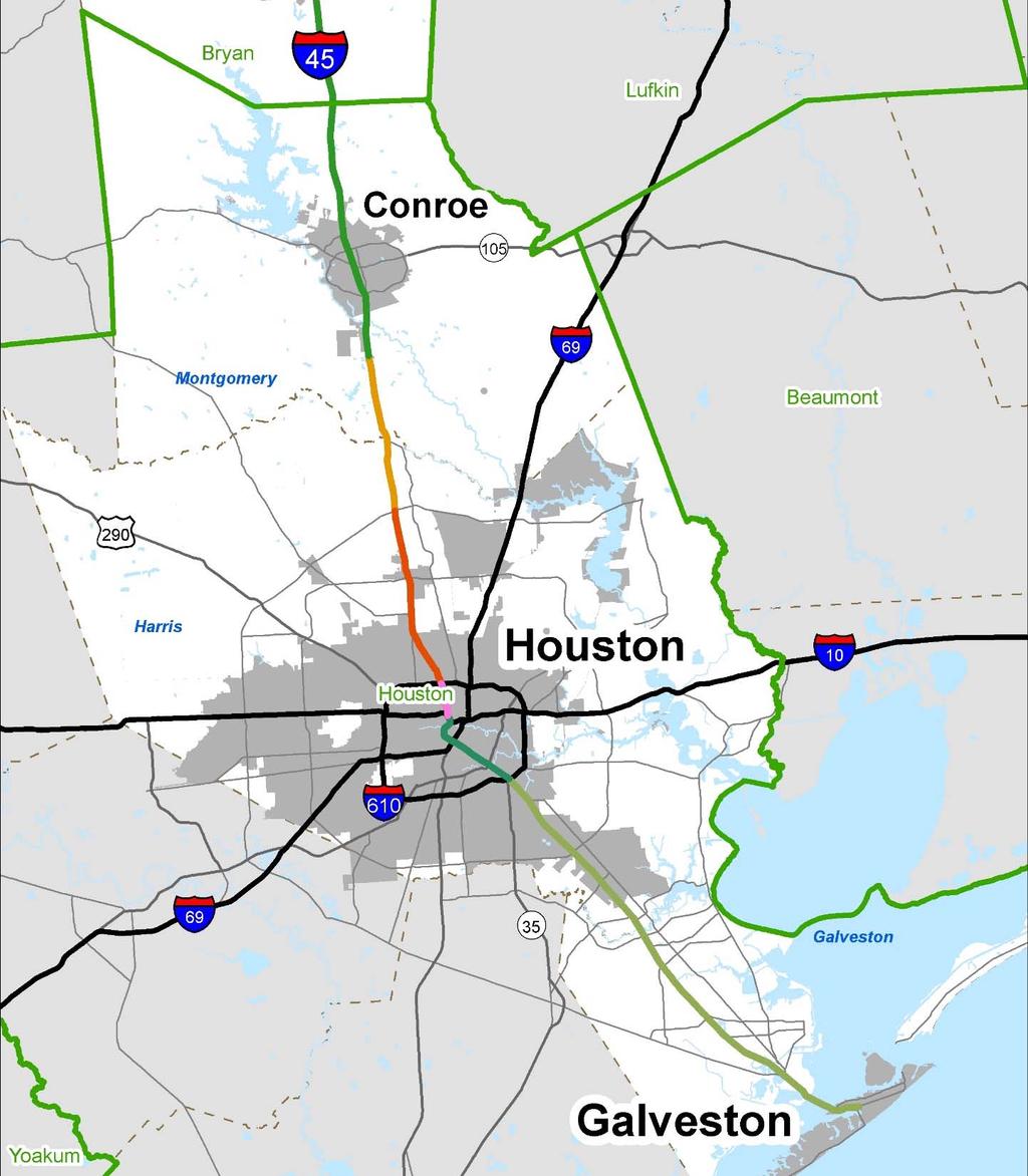 Houston District Freight Recommendations, 1 of 2 Segment 6 Houston District portion (SH 75 in Huntsville SH 242 south of Conroe): Programmed projects: Construct park and ride lot and create 2 managed