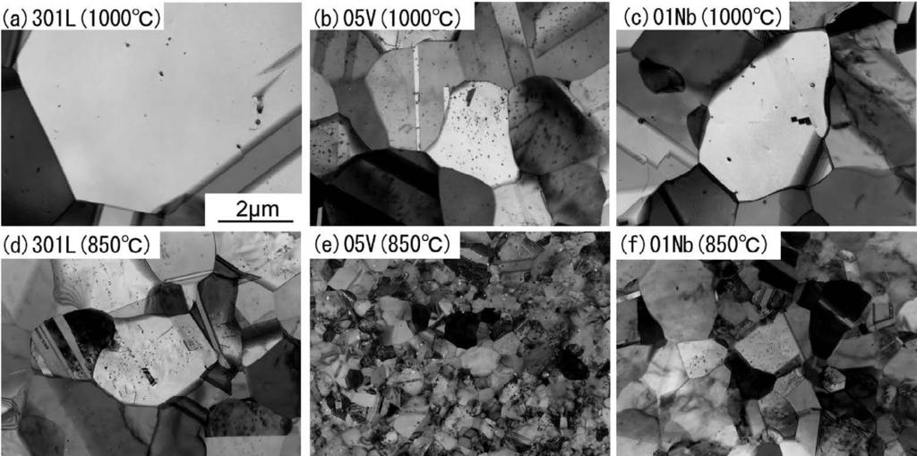 Fig. 8. TEM images of (a) 301L, (b) 05V and (c) 01Nb annealed at 1 000 C for 30 s, and (d) 301L, (e) 05V and (f) 01Nb annealed at 850 C for 30 s. Fig. 10.
