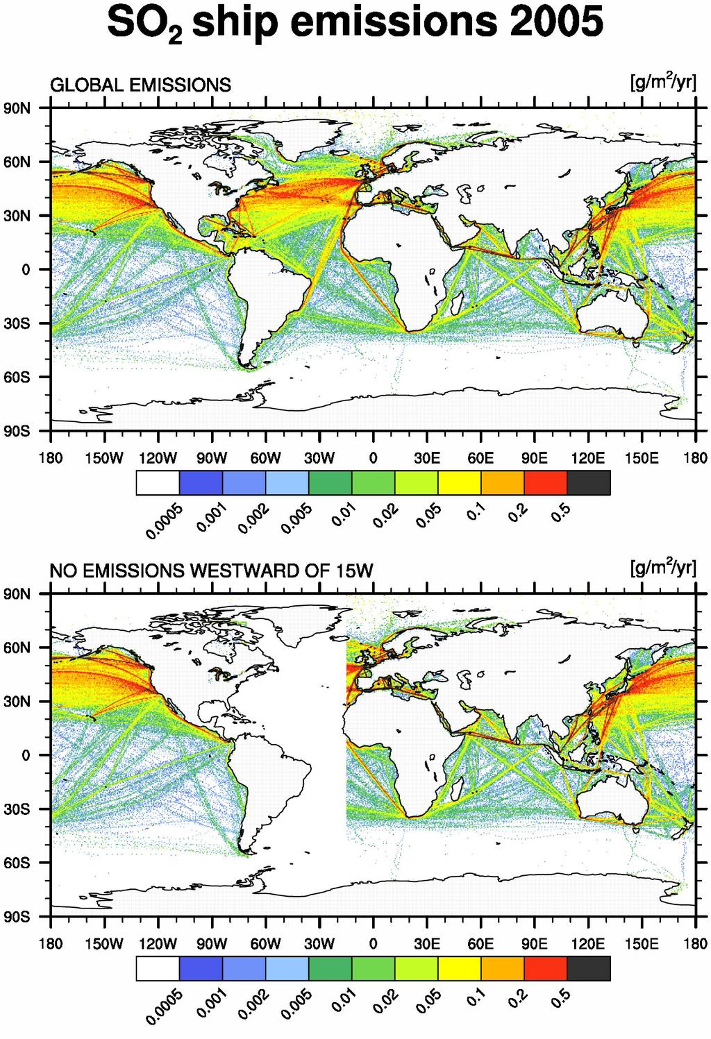 Deliverable TRANSPHORM D2.4.2 Figure 2: Emission fluxes of SO2 from ship traffic in 2005. The top-panel shows the global emissions used in the reference simulation (REF).