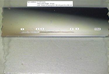 DLC coating on a magnetic disk. The critical load of scratching was detected at 4 sec, when ER dropped and AE increased (though friction did not react due to its averaging nature).